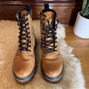 ROOLEE Elvis Platform Boots Tan Handmade Leather Lace Up Combat Boots Size 9